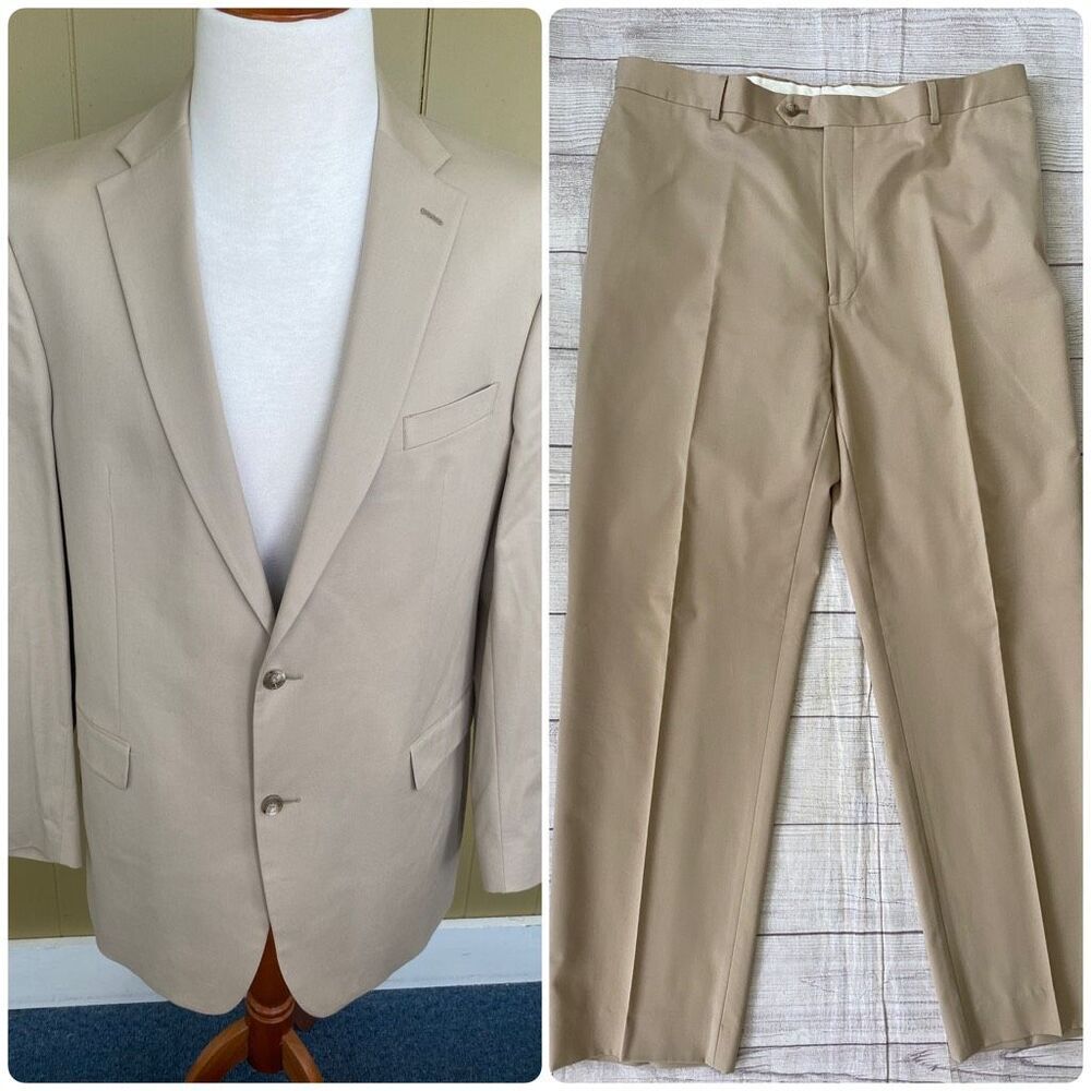 Jos A Banks men 100% wool 2 piece suit 46XL jacket 40XL pants light tan